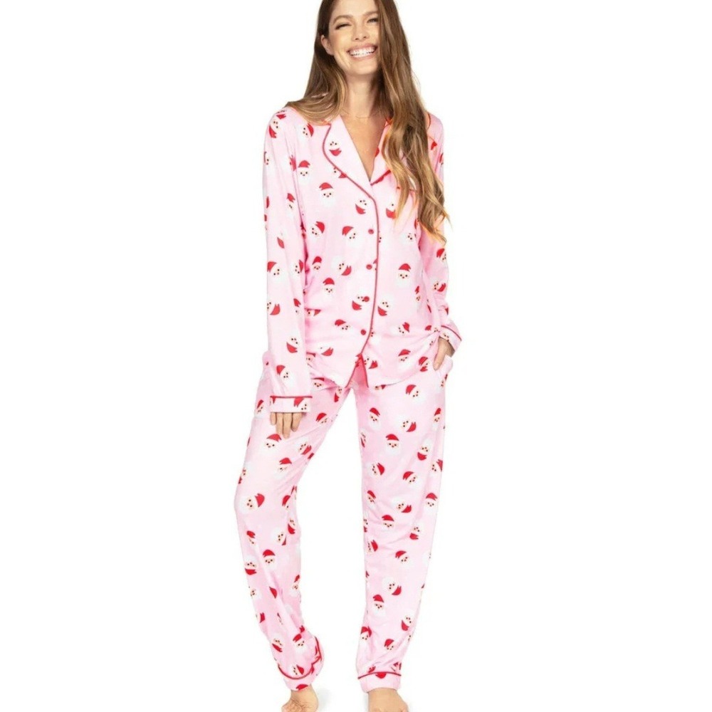 TIPSY ELVES Pink Santa Claus Print Pajama Set Long Sleeve PJs Holiday Small NWT